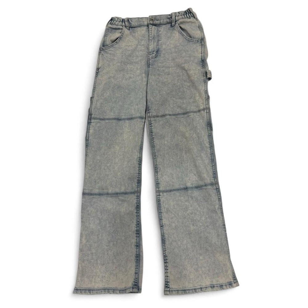 Ardene Acid Wash Carpenter Jeans High Waisted Elastic Waist Light Blue Small